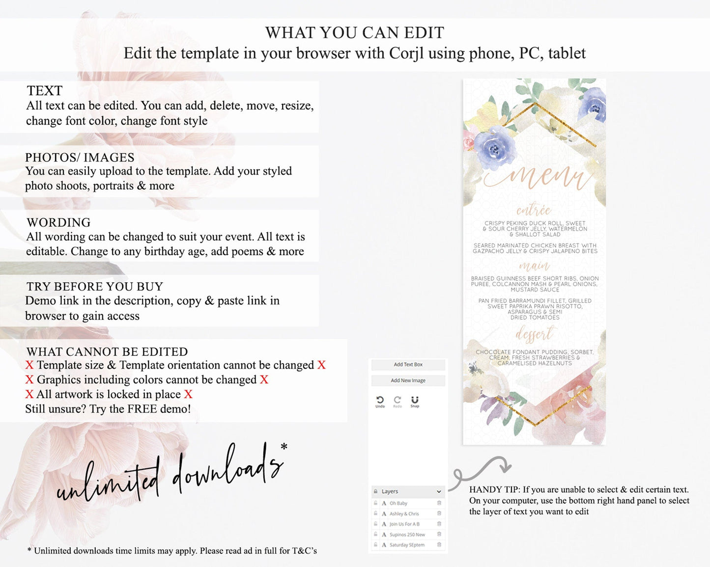 Secret Garden Menu Wildflower Menu Template Pastel Flower Garden Table Decor Boho Floral Dinner Dessert Floral Party Food Menu D10254
