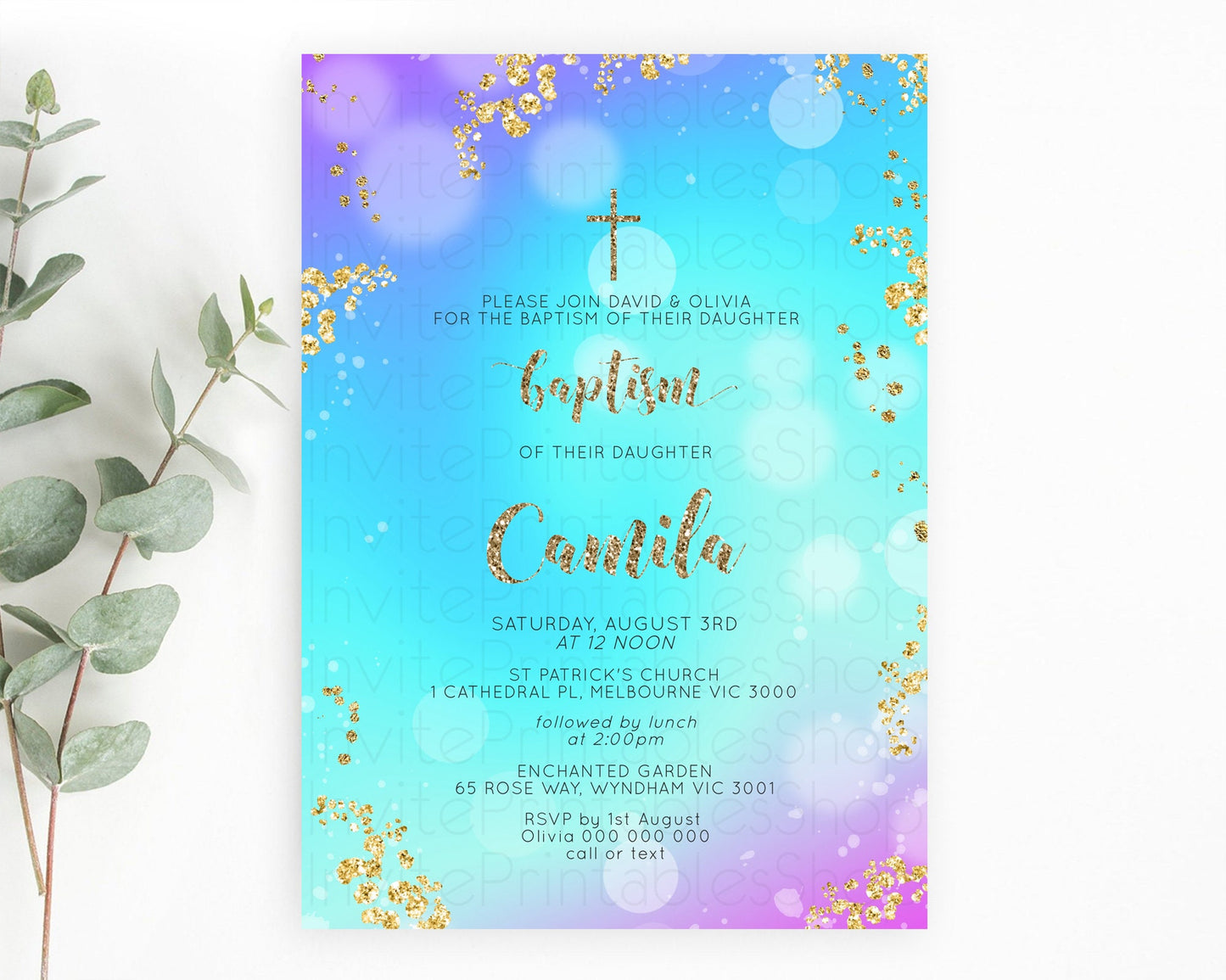 Pastel Baptism Invitation Pastel Colors Watercolor Baptism 1st Birthday Party Gold Ombre Pastel Rainbow Christening Holy Communion D10573