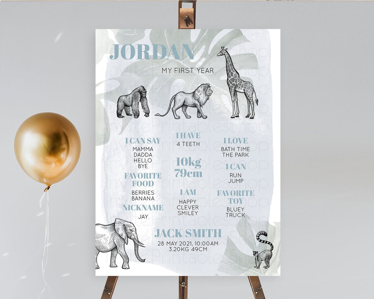 Safari First Birthday Milestone Poster Lion Gorilla Elephant Rhino Tropical Palm Jungle Zoo Party Animal 1st Birthday Welcome Sign D10821