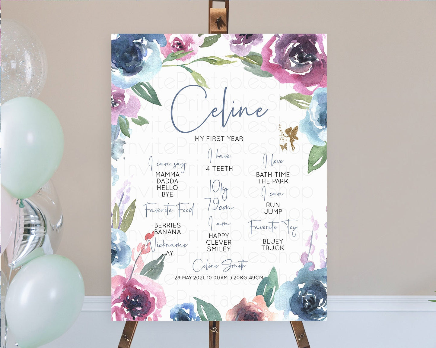 Fairy First Birthday Milestone Poster Fairy Secret Garden Milestone Board Enchanted Garden Pastel Floral Butterfly 1st Birthday Sign D10188