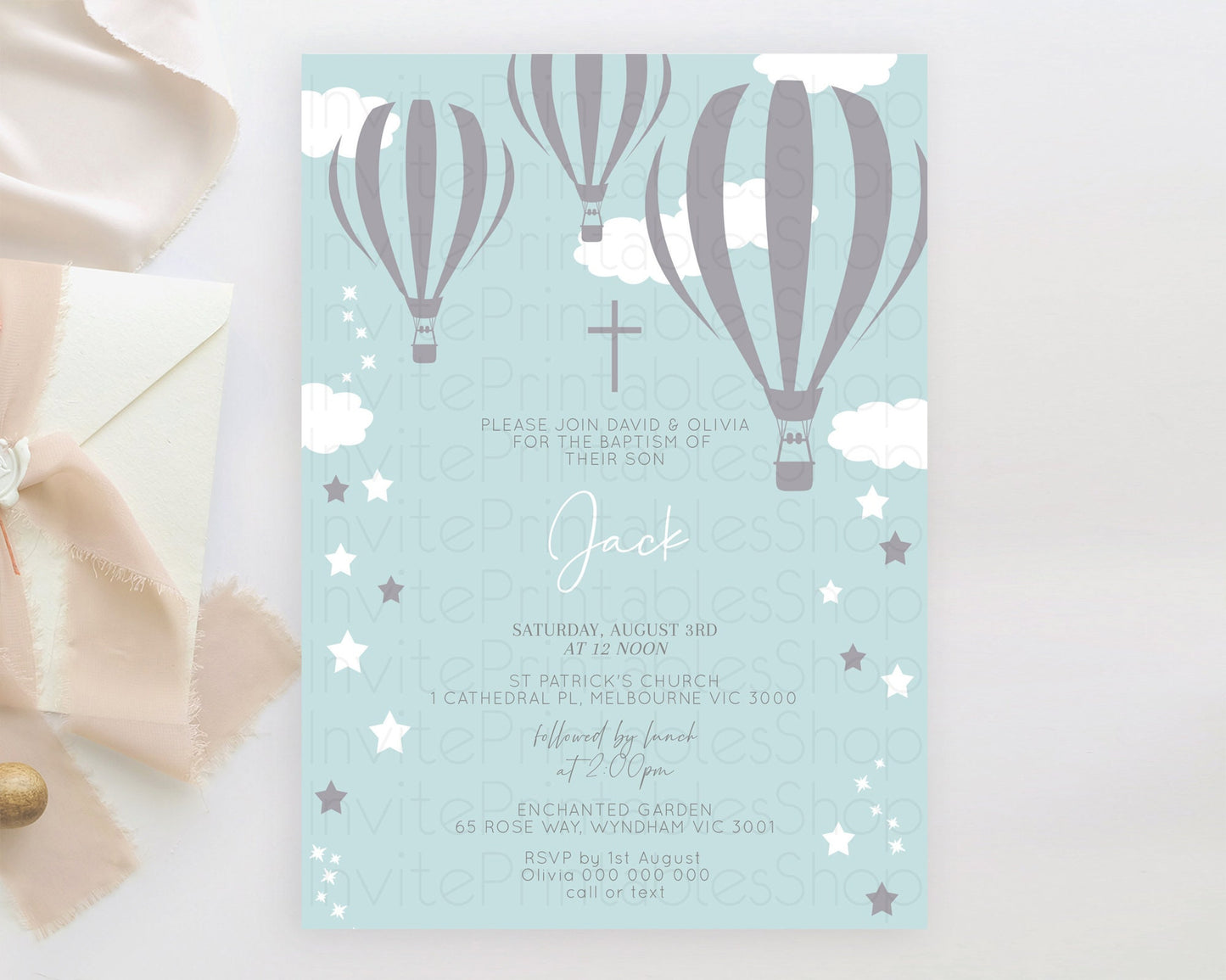 Hot Air Balloon Baptism Invitation Hot Air Balloon Baptism Birthday Invitation Adventure Awaits Up Up Away Glitter Blue Watercolor D10324