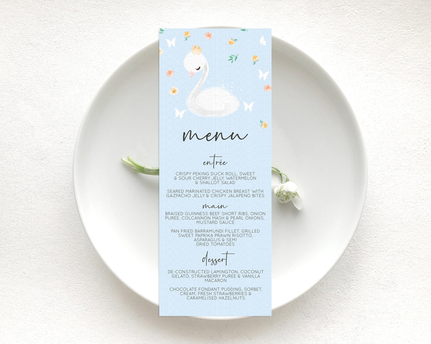 Swan Menu Swan Princess Ballet Menu Template Enchanted Swan Lake Table Decor Secret Garden Pastel Floral Dinner Dessert Food Menu D10903