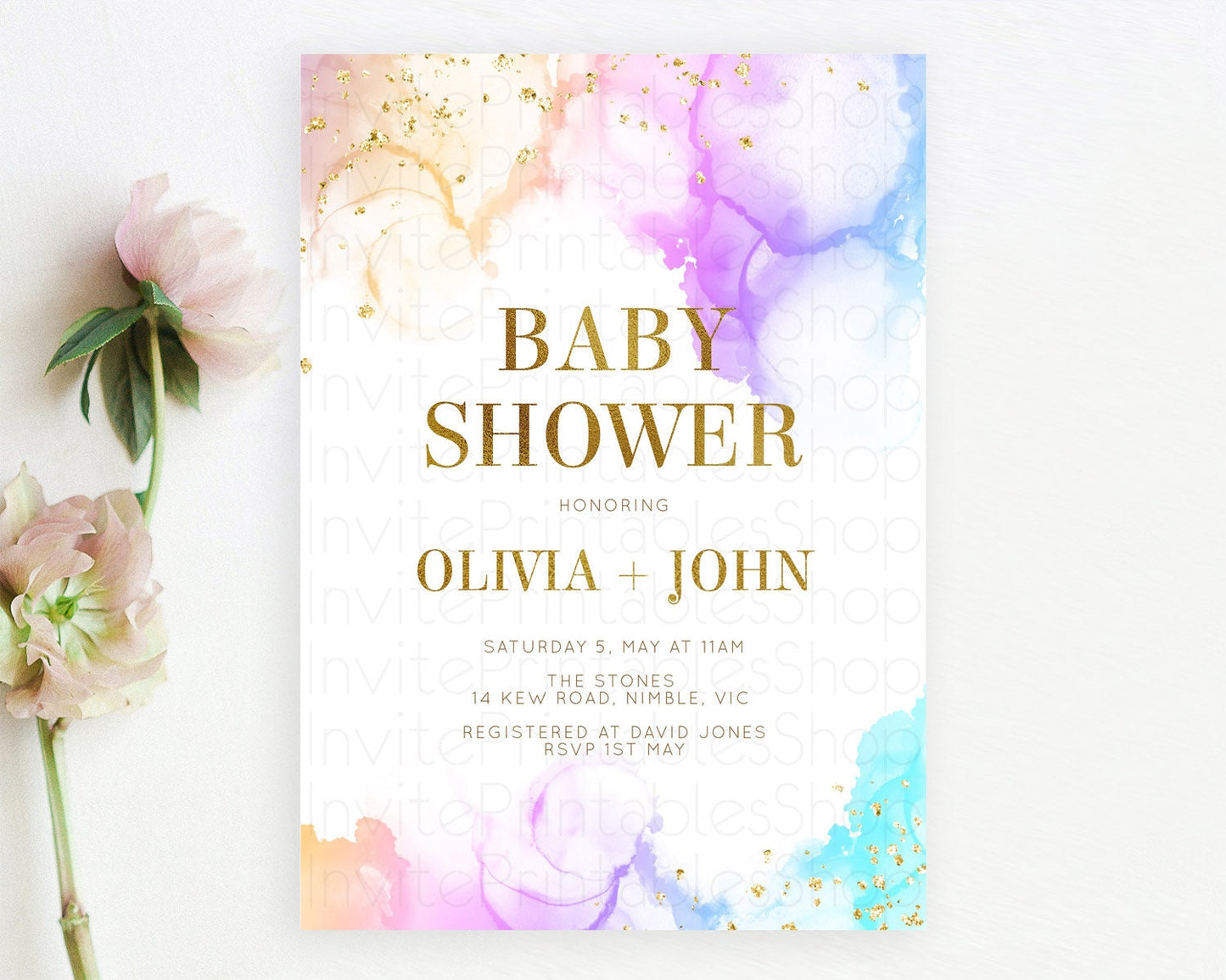 Pastel Baby Shower Invitation Rainbow Baby Shower Invitation Colorful Pastel Watercolor Invitation Gold Glitter Sprinkles Ombre D10180