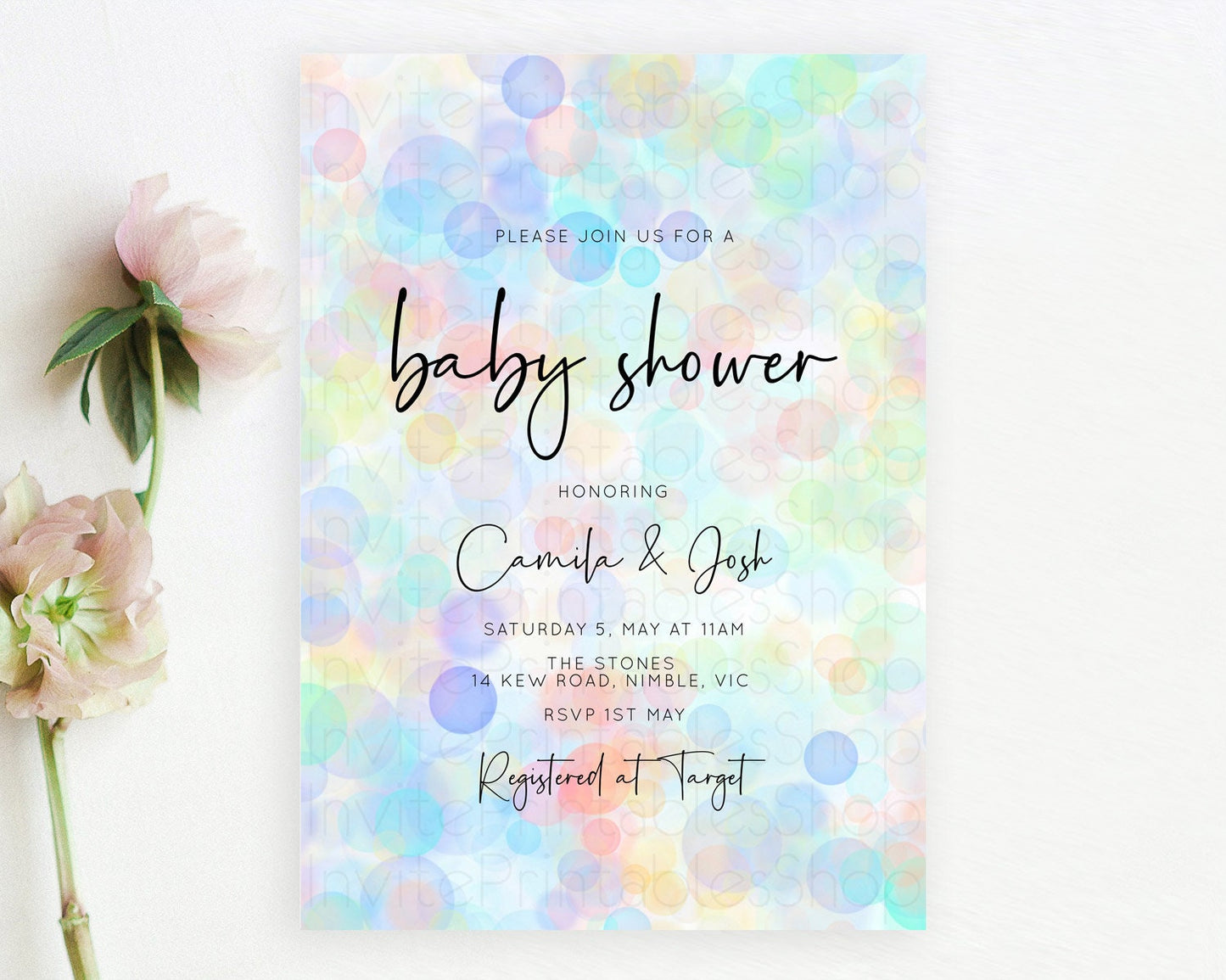 Pastel Confetti Baby Shower Invitation Bath Bomb Baby Shower Invitation Pastel Bubbles Invitation Colorful Watercolour Invitation  D10445