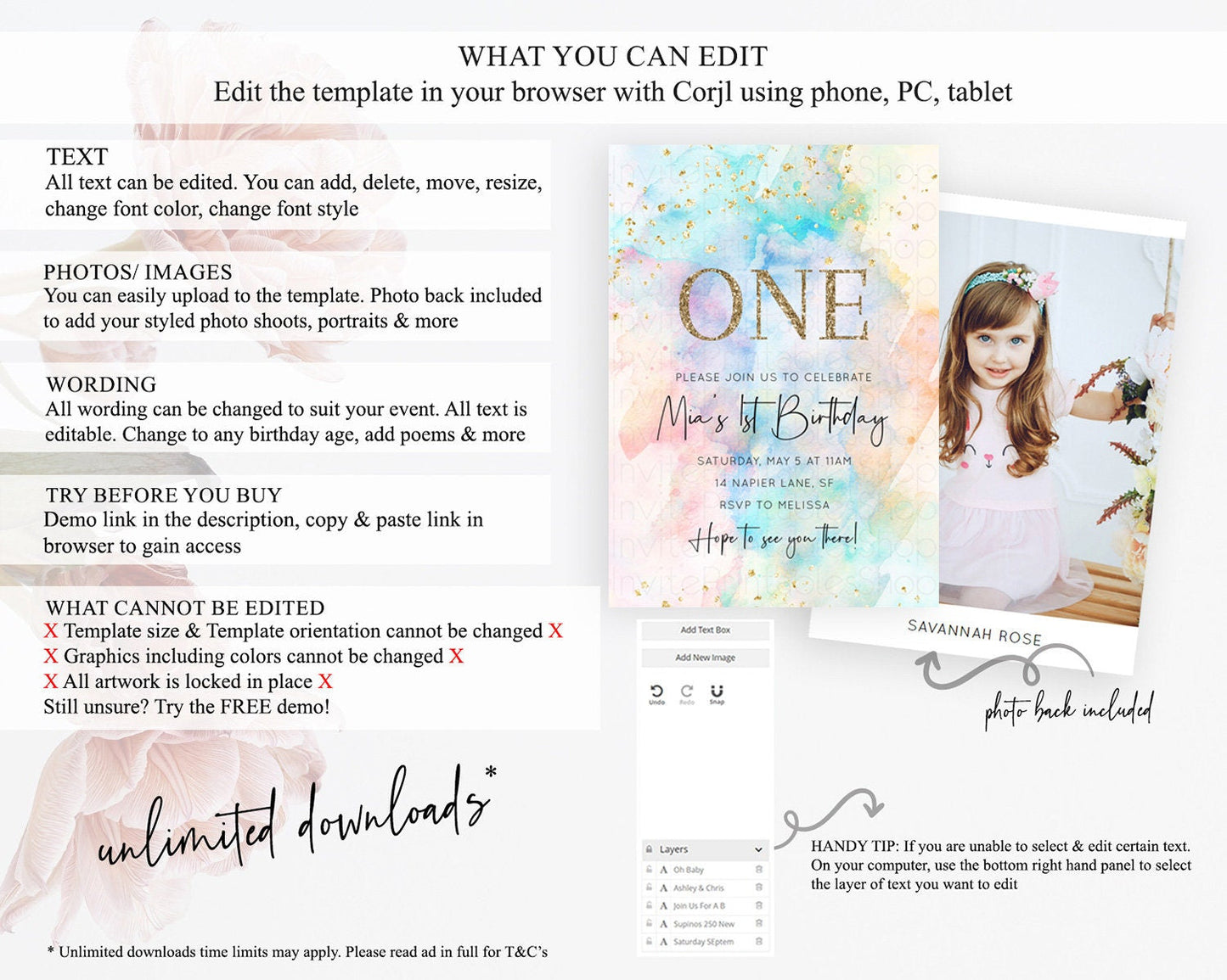 Rainbow Birthday Invitation Colorful Pastel Watercolor Invitation Gold Glitter Sprinkles Ombre Pastel 1st 2nd 3rd Birthday D10266