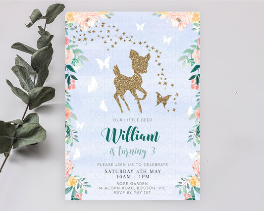 Fawn Birthday Invitation Deer Birthday Invitation Enchanted Forest Party Butterfly Pastel Flowers Whimsical 2nd 1st First Birthday D10875