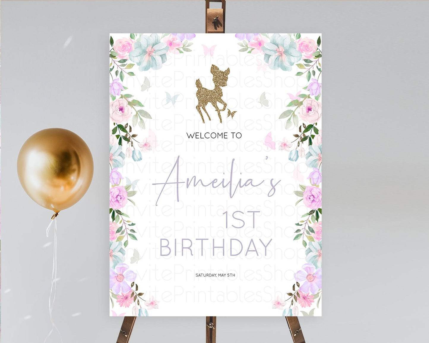 Fawn Welcome Sign Deer Welcome Board Floral Deer Welcome Poster Enchanted Forest Butterfly Pastel Floral First Birthday Welcome Sign D10476