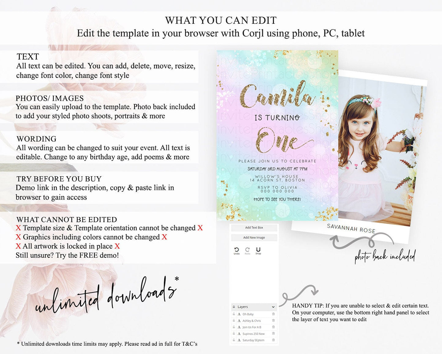 Rainbow Birthday Invitation Colorful Pastel Watercolor Invitation Gold Glitter Sprinkles Ombre Pastel 1st 2nd 3rd Birthday D23126