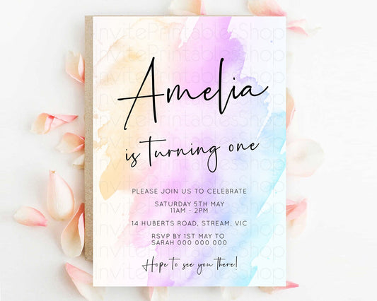 Rainbow Birthday Invitation Colorful Pastel Watercolor Invitation Gold Glitter Sprinkles Ombre Pastel 1st 2nd 3rd Birthday D10177