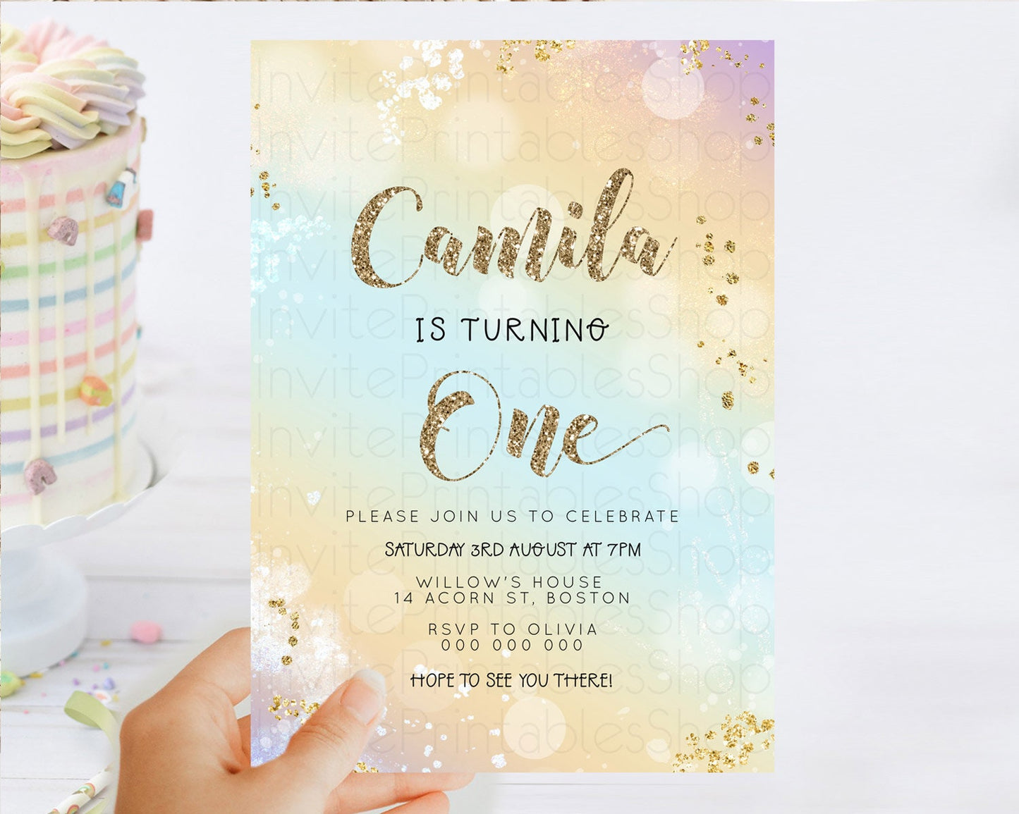 Rainbow Birthday Invitation Colorful Pastel Watercolor Invitation Gold Glitter Sprinkles Ombre Pastel 1st 2nd 3rd Birthday D23123