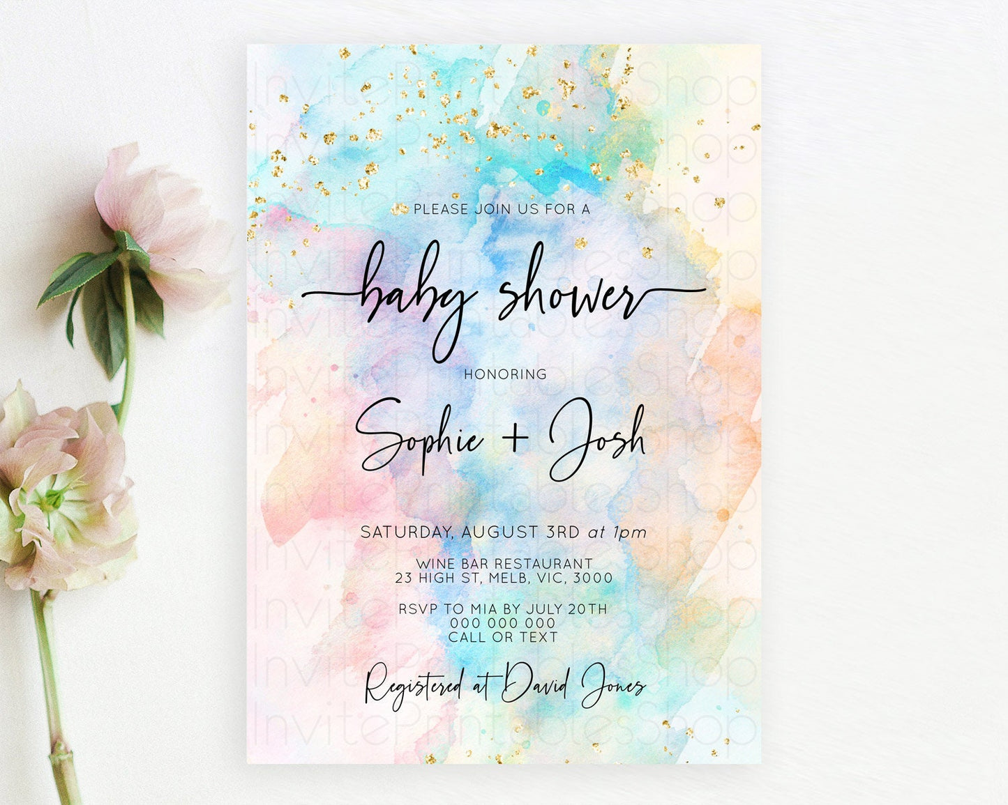 Pastel Baby Shower Invitation Rainbow Baby Shower Invitation Colorful Pastel Watercolor Invitation Gold Glitter Sprinkles Ombre D10260