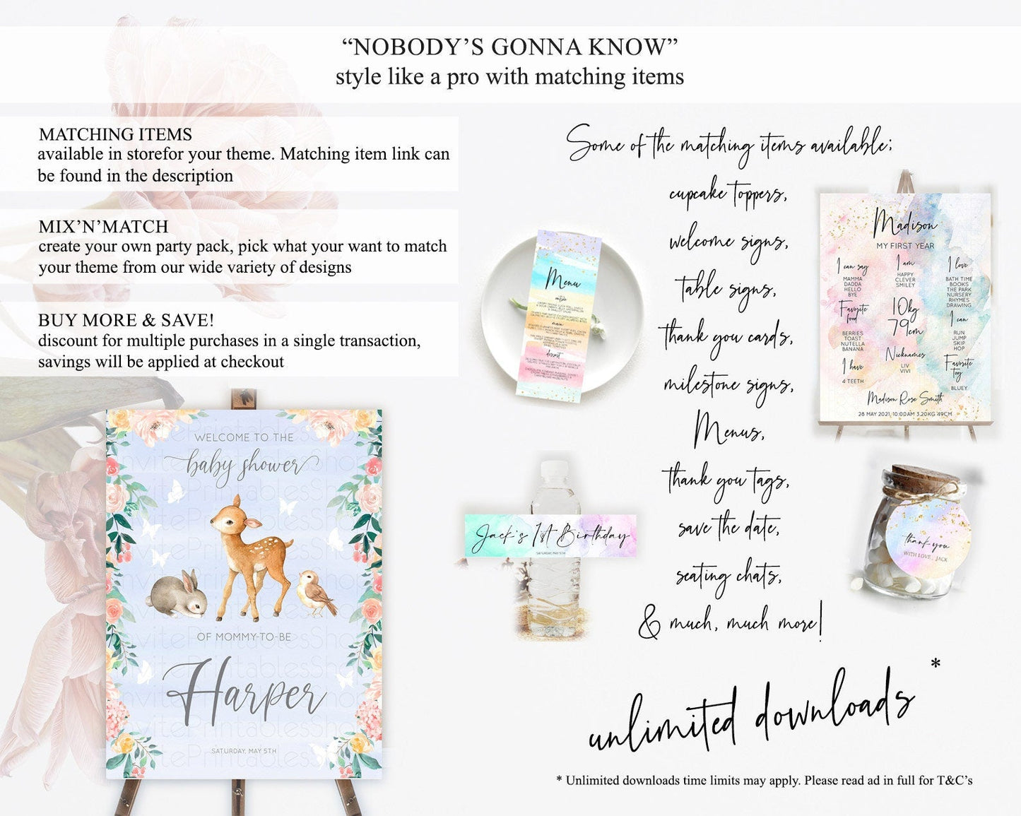 Fawn Baby Shower Welcome Sign Deer Welcome Board Floral Deer Welcome Poster Enchanted Forest Butterfly Pastel Floral Welcome Sign D10920