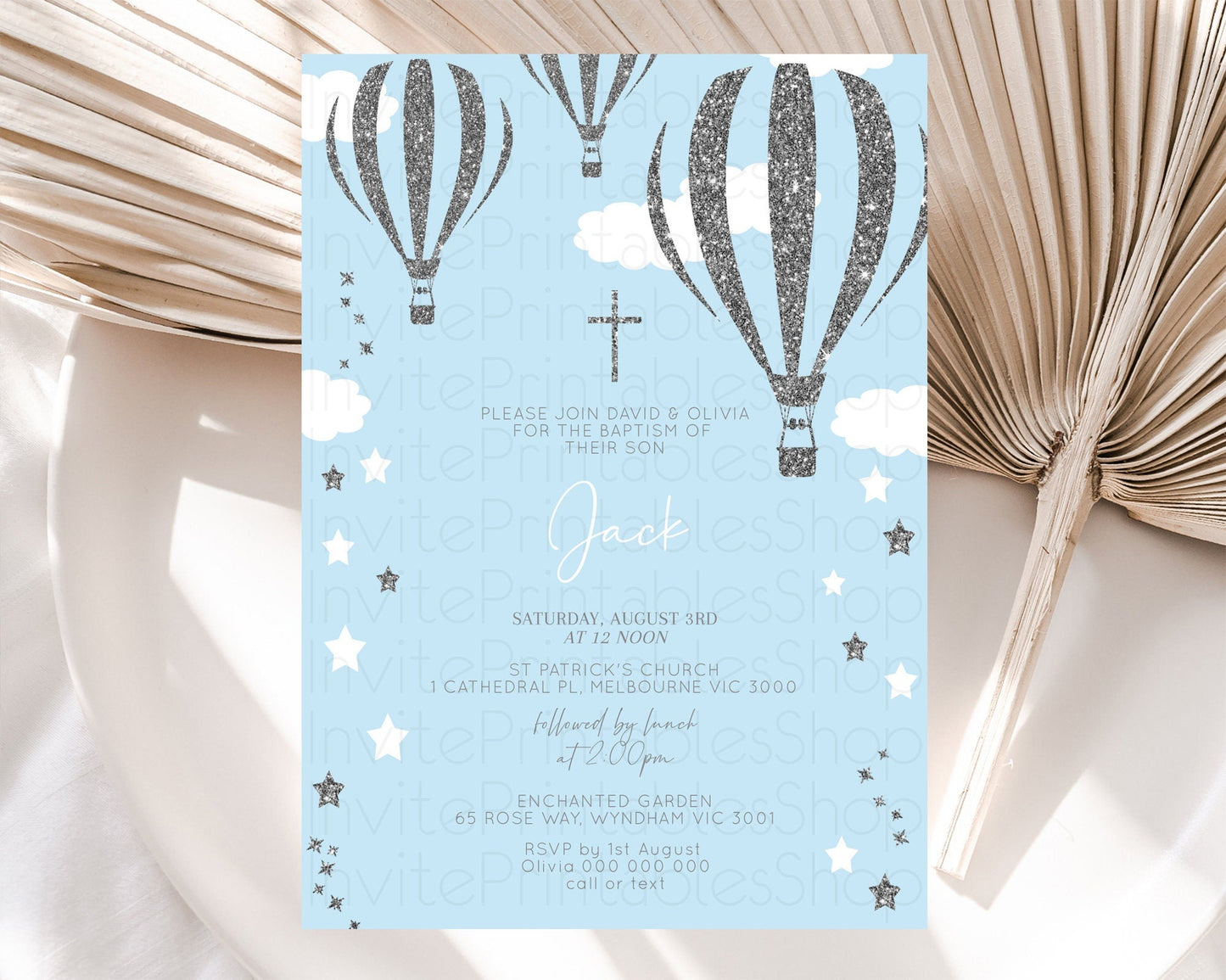 Hot Air Balloon Baptism Invitation Hot Air Balloon Baptism Birthday Invitation Adventure Awaits Up Up Away Glitter Blue Watercolor D10335