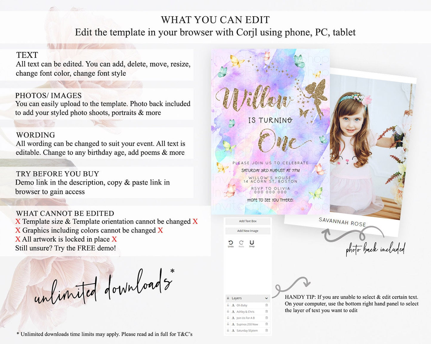 Pastel Fairy Birthday Invitation Pastel Butterflies Fairy Birthday Invitation Rainbow Ombre Watercolor 1st 2nd Birthday Invitation D23346