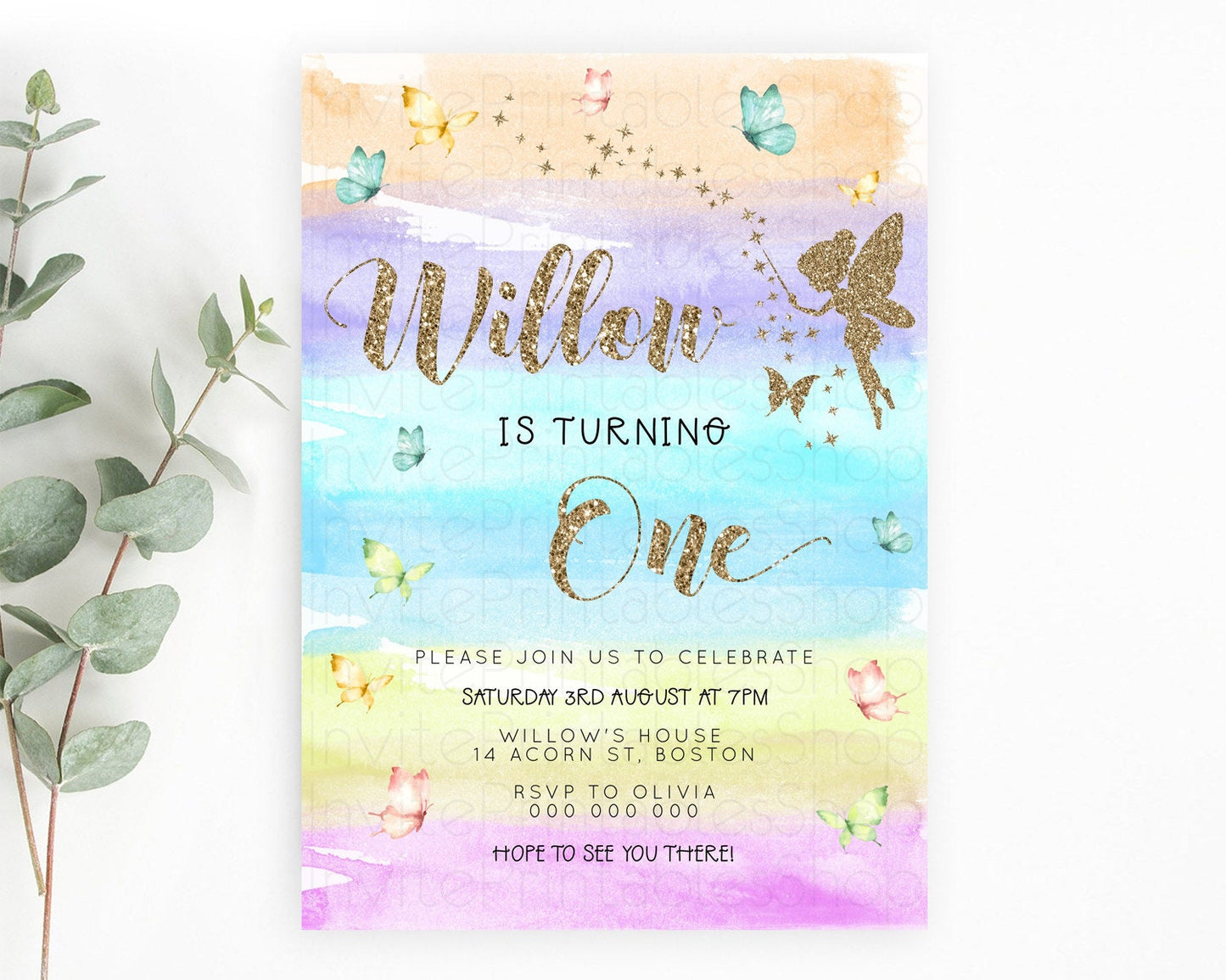 Pastel Fairy Birthday Invitation Pastel Butterflies Fairy Birthday Invitation Rainbow Ombre Watercolor 1st 2nd Birthday Invitation D23318