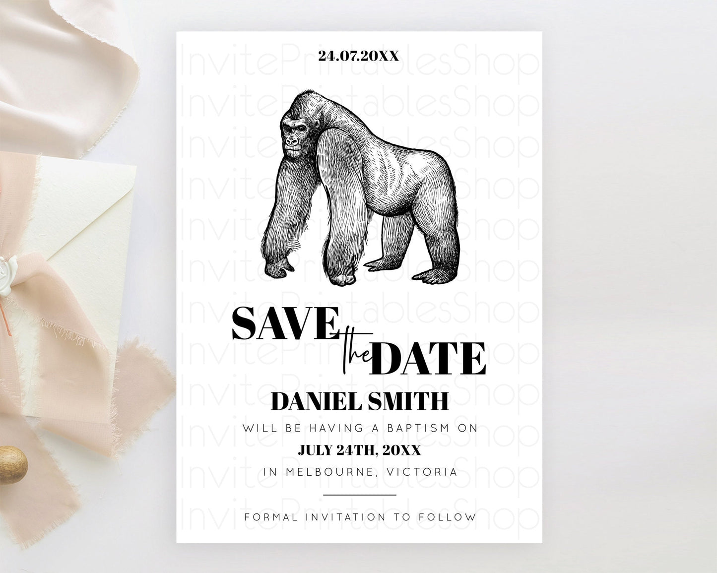 Gorilla Save The Date Template Gorilla Party Save The Date Safari Adventure Gorilla Minimal Theme 1st Birthday Baptism Baby Shower D10855