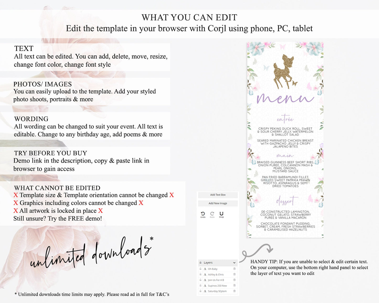 Fawn Menu Deer Menu Template Pastel Floral Deer Table Decor Enchanted Forest Butterfly Floral Dinner Dessert Menu Party Food Menu D10476