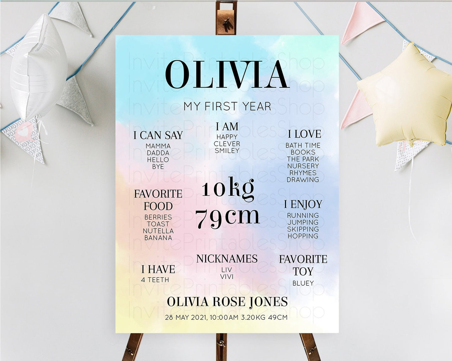 Pastel First Birthday Milestone Board Pastel Rainbow Milestone Poster Colorful Confetti Watercolor Glitter 1st Birthday Welcome Sign D10373