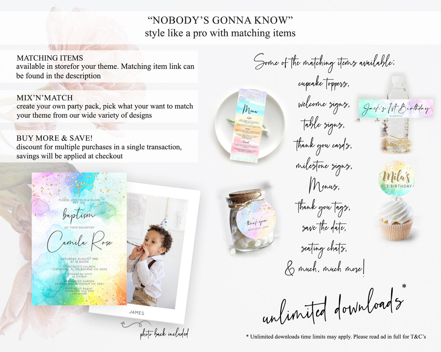 Pastel Baptism Invitation Pastel Colors Watercolor Baptism 1st Birthday Party Gold Ombre Pastel Rainbow Christening Holy Communion D10771