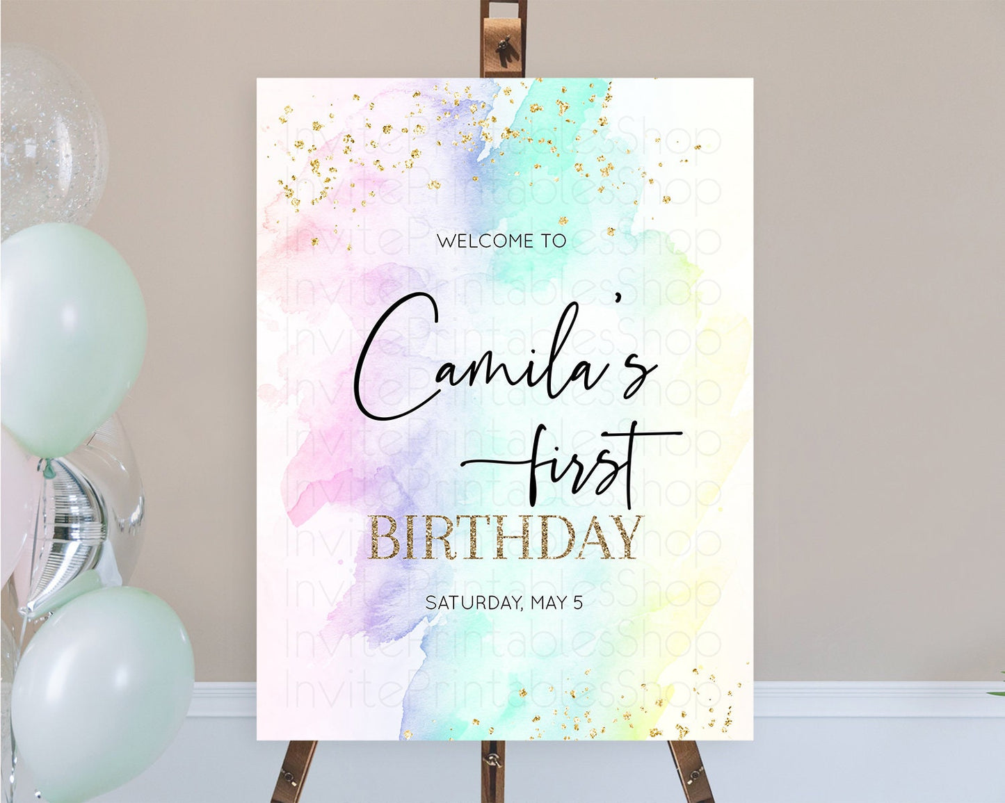 Pastel Welcome Sign Pastel Rainbow Welcome Sign Colorful Rainbow Confetti Watercolor Glitter Pastel First Birthday Welcome Sign D10231