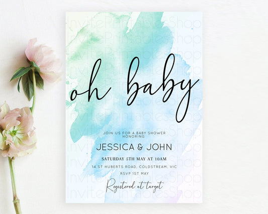 Blue Baby Shower Invitation Blue Watercolor Baby Shower Invitation Pastel Blue Watercolor Invitation Blue Splash Gold Invitation D10168