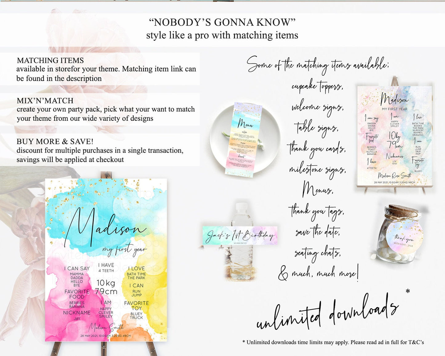Pastel First Birthday Milestone Board Pastel Rainbow Milestone Poster Colorful Confetti Watercolor Glitter 1st Birthday Welcome Sign D10898