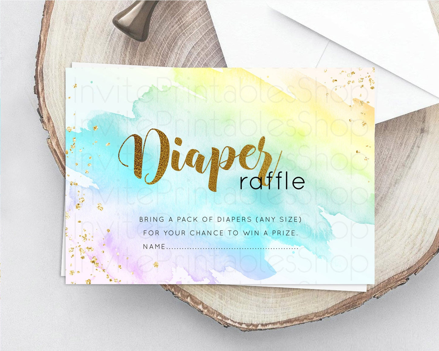 Pastel Diaper Raffle Card Pastel Rainbow Diaper Raffle Insert Colorful Ombre Watercolor Diaper Ticket Confetti Glitter Raffle Game D11026