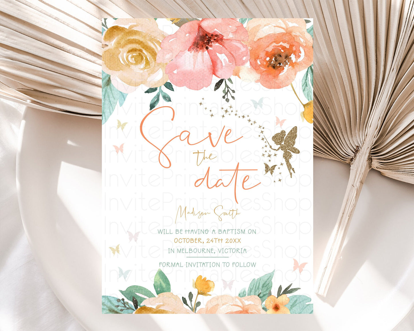 Fairy Save The Date Template Enchanted Garden Pastel Floral Butterfly Party Secret Garden Birthday Baptism Baby Shower Bridal Shower D10346