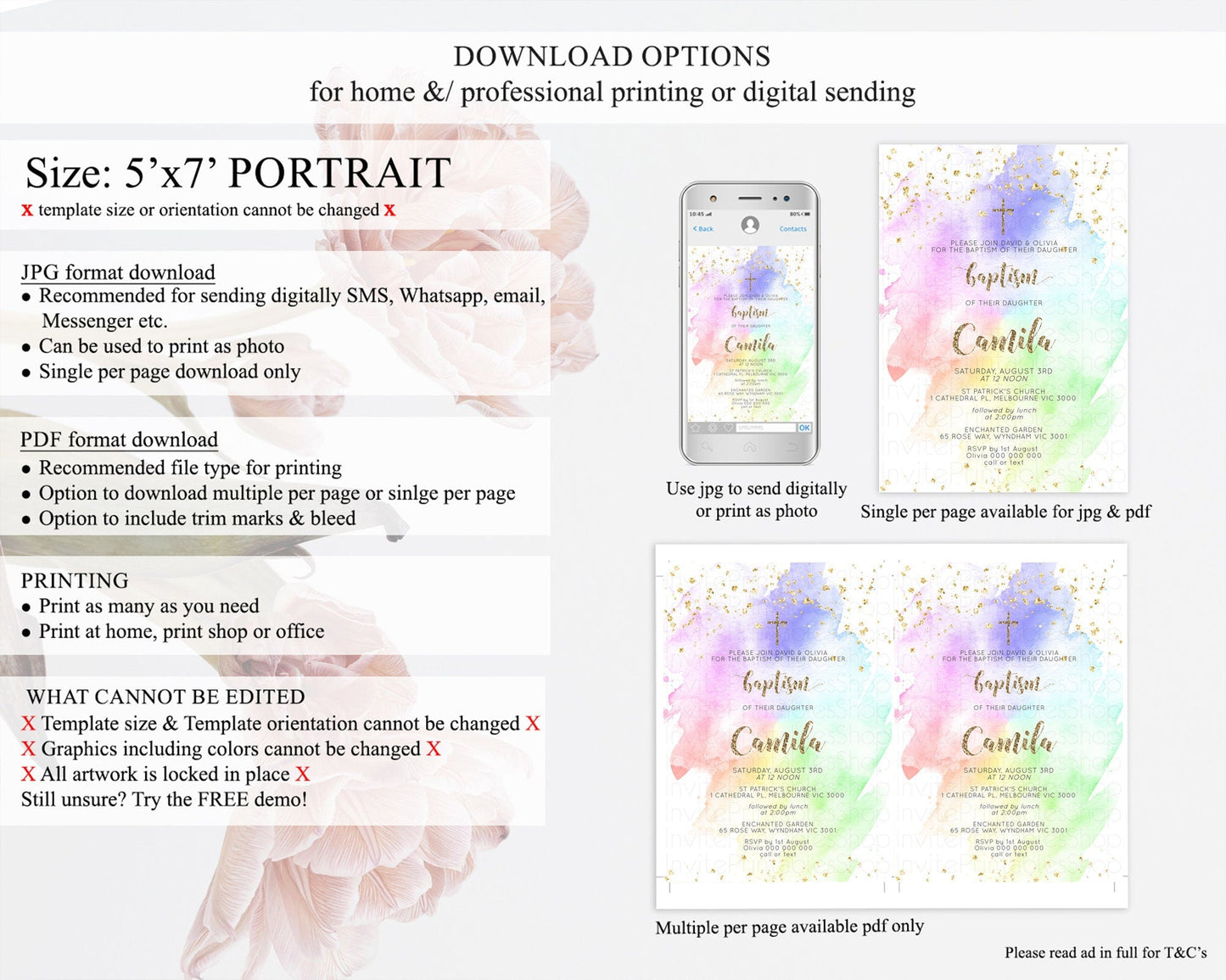 Pastel Baptism Invitation Pastel Colors Watercolor Baptism 1st Birthday Party Gold Ombre Pastel Rainbow Christening Holy Communion D10319
