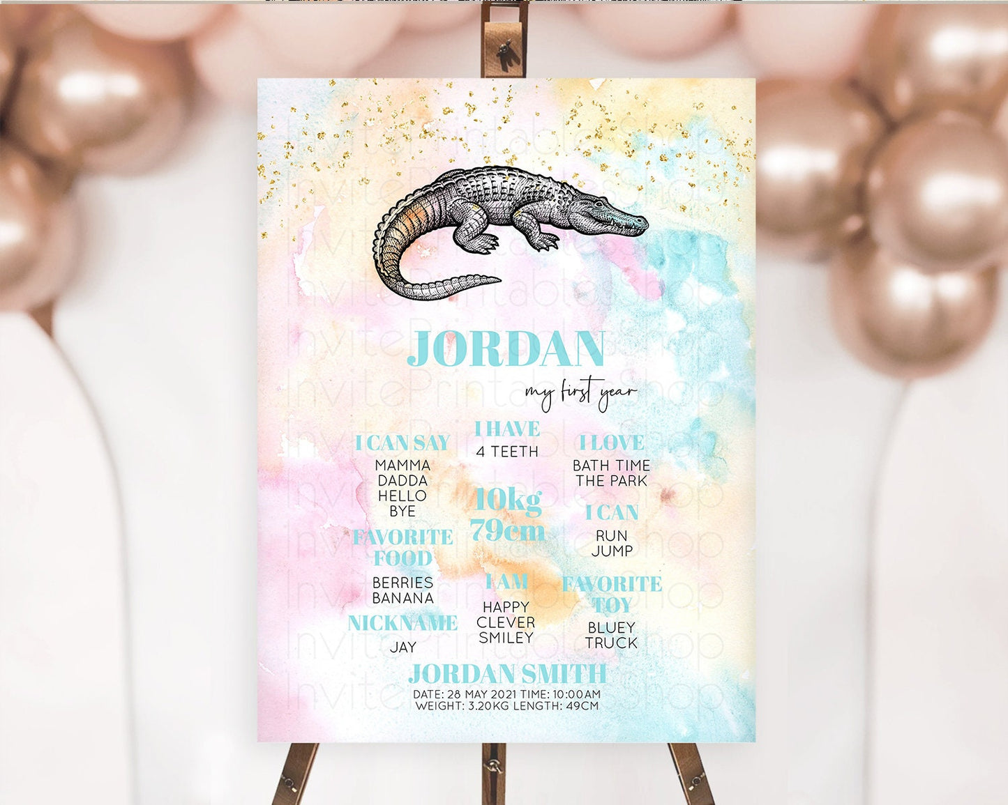 Pastel Crocodile First Birthday Milestone Board Pastel Watercolor Alligator Milestone Poster Colorful Rainbow Birthday Welcome Sign D10285