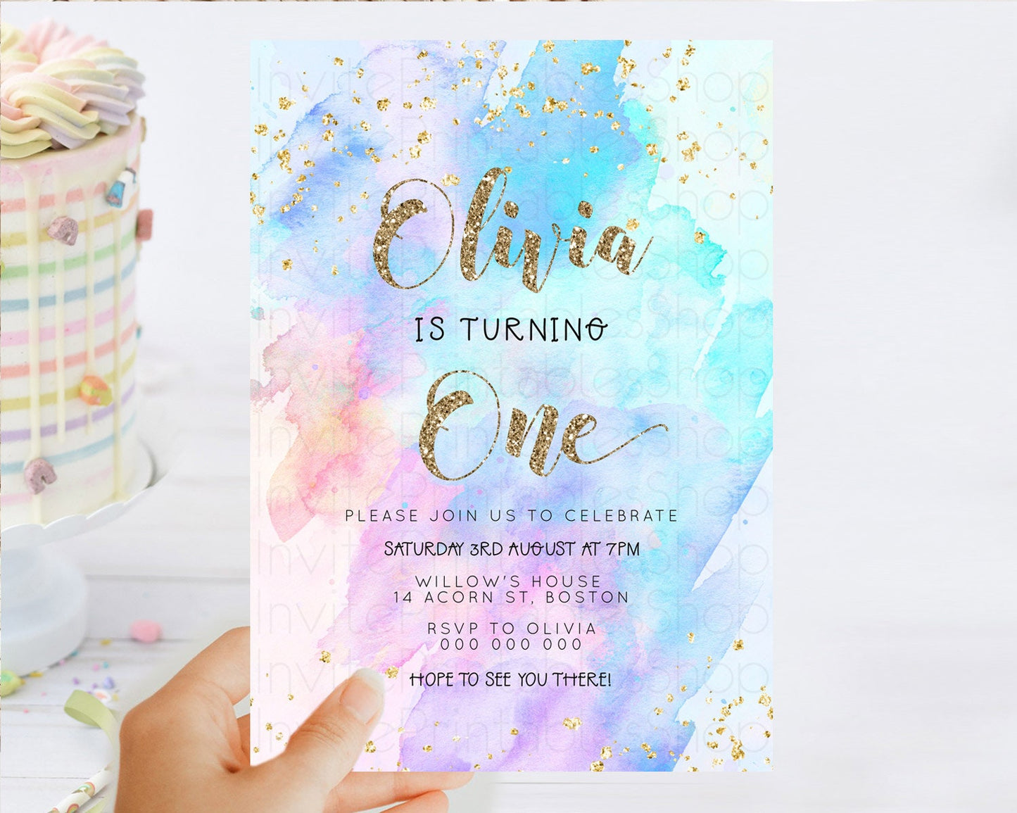 Rainbow Birthday Invitation Colorful Pastel Watercolor Invitation Gold Glitter Sprinkles Ombre Pastel 1st 2nd 3rd Birthday D23293