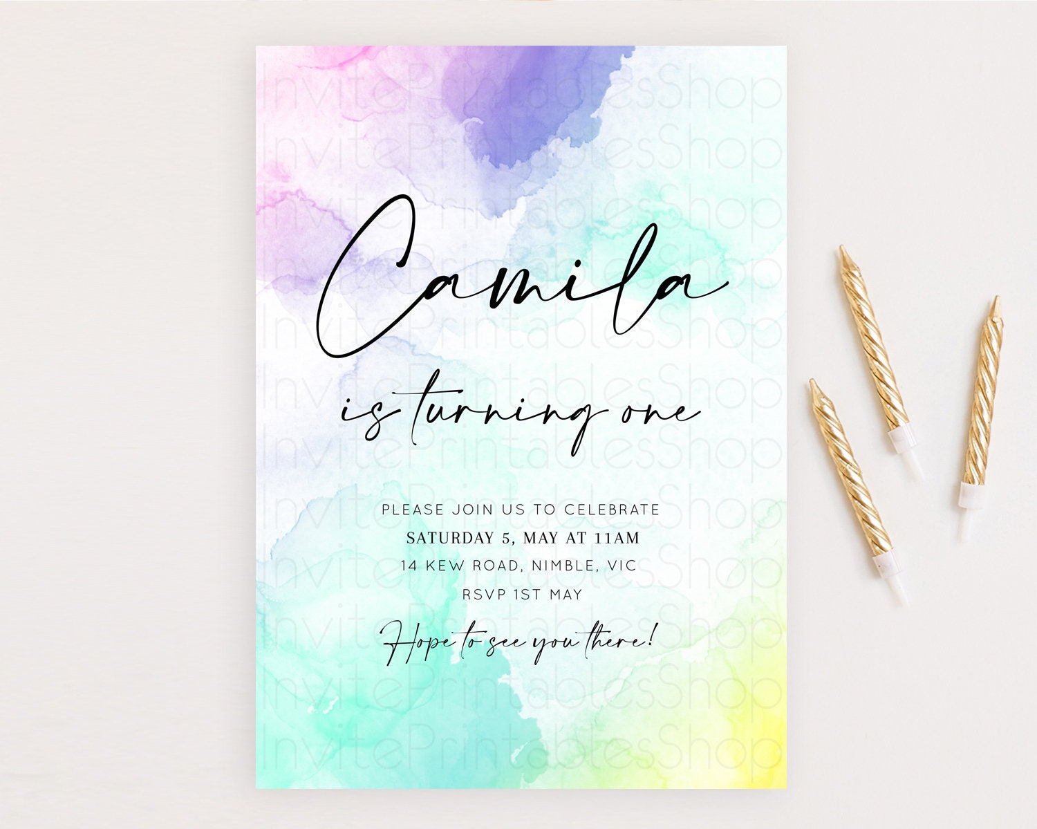 Editable Rainbow Birthday Invitation Colorful Pastel Watercolor Invitation G