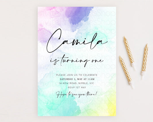 Editable Rainbow Birthday Invitation Colorful Pastel Watercolor Invitation G