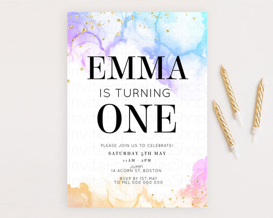 Rainbow Birthday Invitation Colorful Pastel Watercolor Invitation Gold Glitter Sprinkles Ombre Pastel 1st 2nd 3rd Birthday D11018