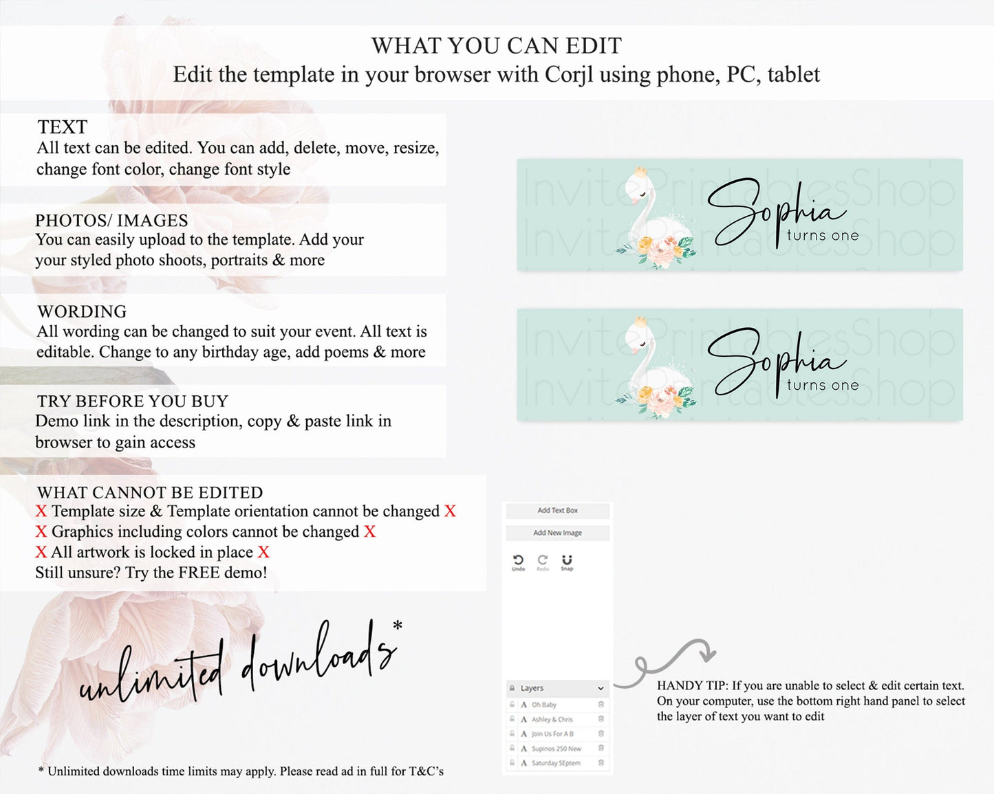 Swan Water Label Template Swan Princess Ballet Party Decor Enchanted Secret Garden Pastel Floral Birthday Baptism Baby Shower D10905