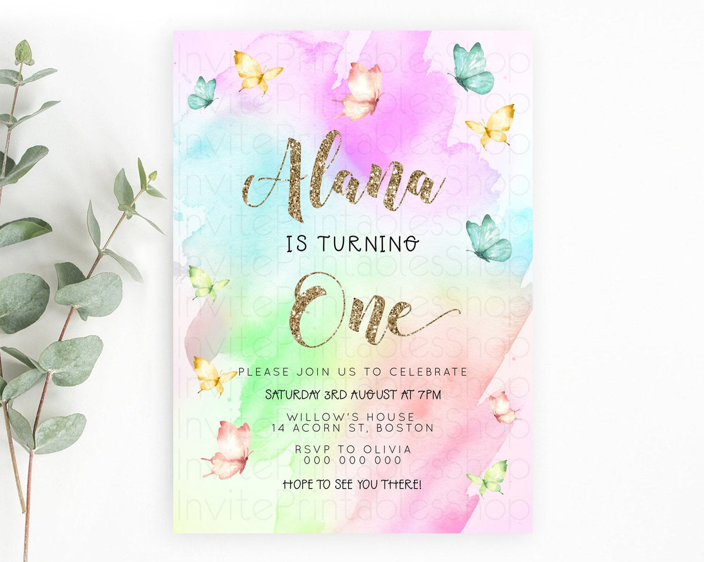 Pastel Butterfly Birthday Invitation Butterfly Birthday Invitation Colorful Splash Glitter Butterfly Garden 1st 2nd Birthday D23256