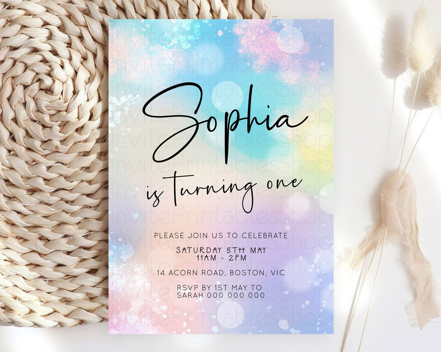 Pastel Birthday Invitation Ombre Watercolor Birthday Invitation Glitter Rainbow Color Splash 1st 2nd 3rd Birthday Invitation D23111