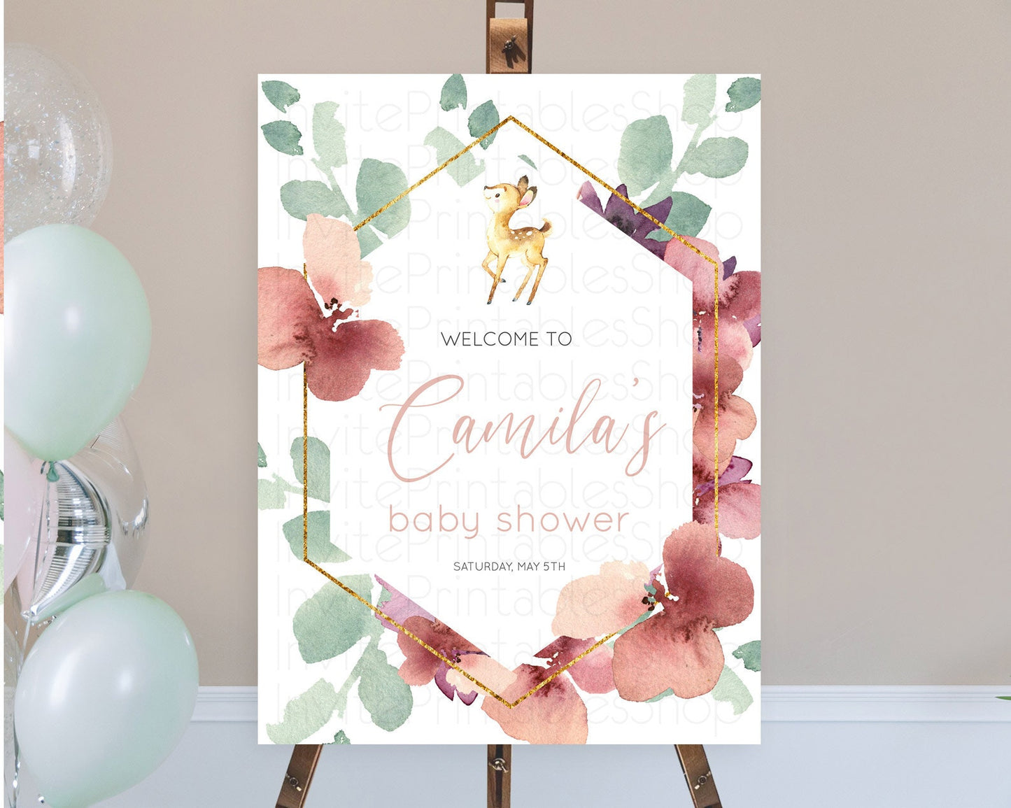 Fawn Baby Shower Welcome Sign Deer Welcome Board Floral Deer Welcome Poster Enchanted Forest Butterfly Pastel Floral Welcome Sign D10915