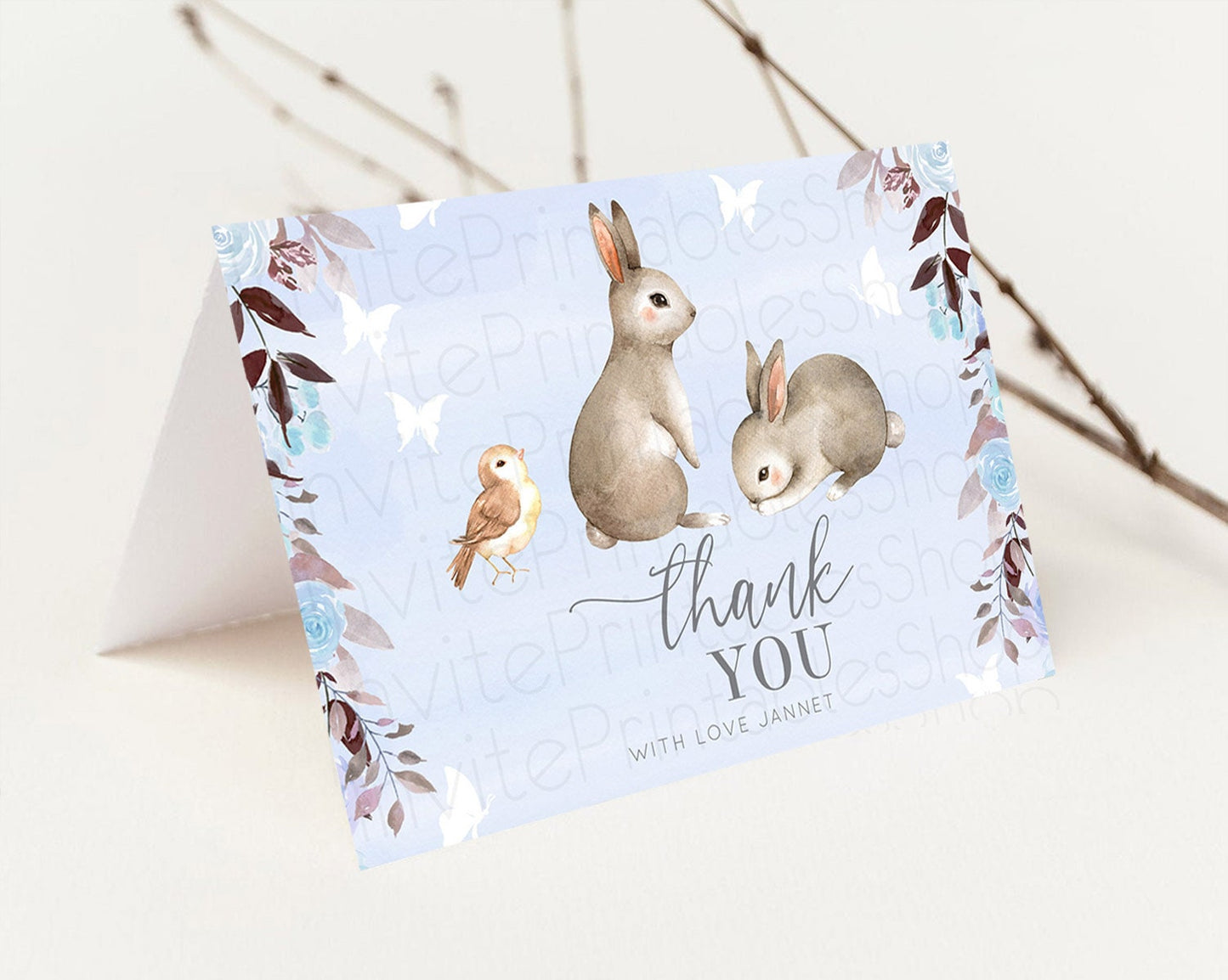 Bunny Thank You Floral Bunny Thank You Card Pastel Flowers Bunny Birthday Thank You Card Secret Garden Bunny Teacher Thank You Cards D10923