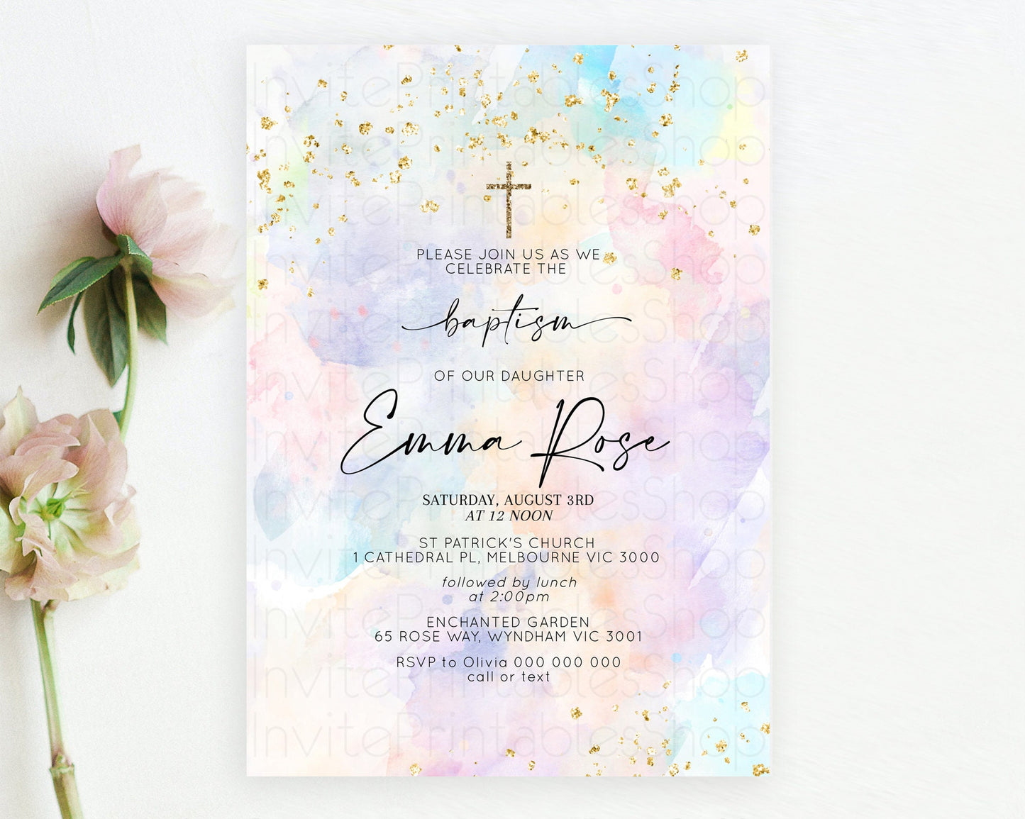 Pastel Baptism Invitation Pastel Colors Watercolor Baptism 1st Birthday Party Gold Ombre Pastel Rainbow Christening Holy Communion D10605