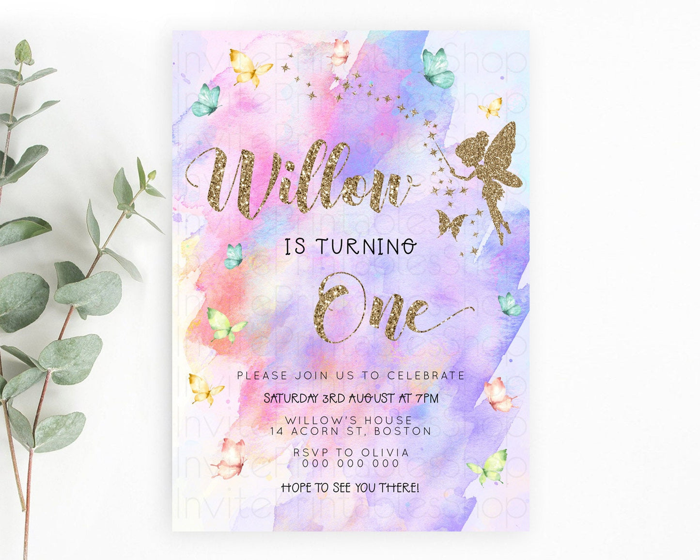 Pastel Fairy Birthday Invitation Pastel Butterflies Fairy Birthday Invitation Rainbow Ombre Watercolor 1st 2nd Birthday Invitation D23341