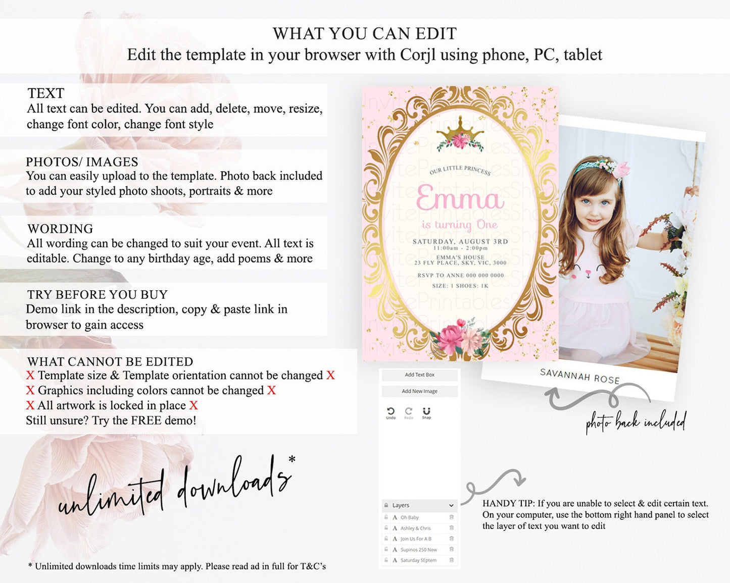 Princess Birthday Invitation Castle Invitation Royal Birthday Fairy Tale Enchanted Mirror Pastel Floral Garden 1st First Birthday D10134