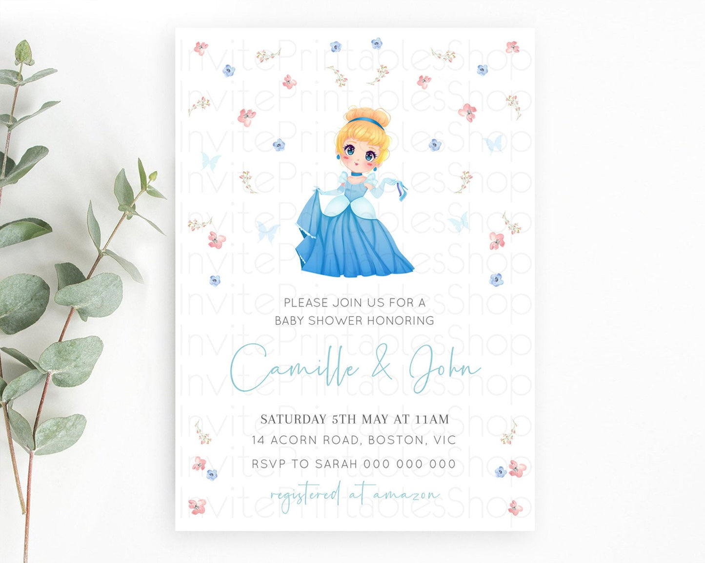 Princess Baby Shower Invitation: Enchanted Castle, Secret Garden, Floral, Royal Baby with Pink and Blue Flowers, Glass Slipper Theme D10354