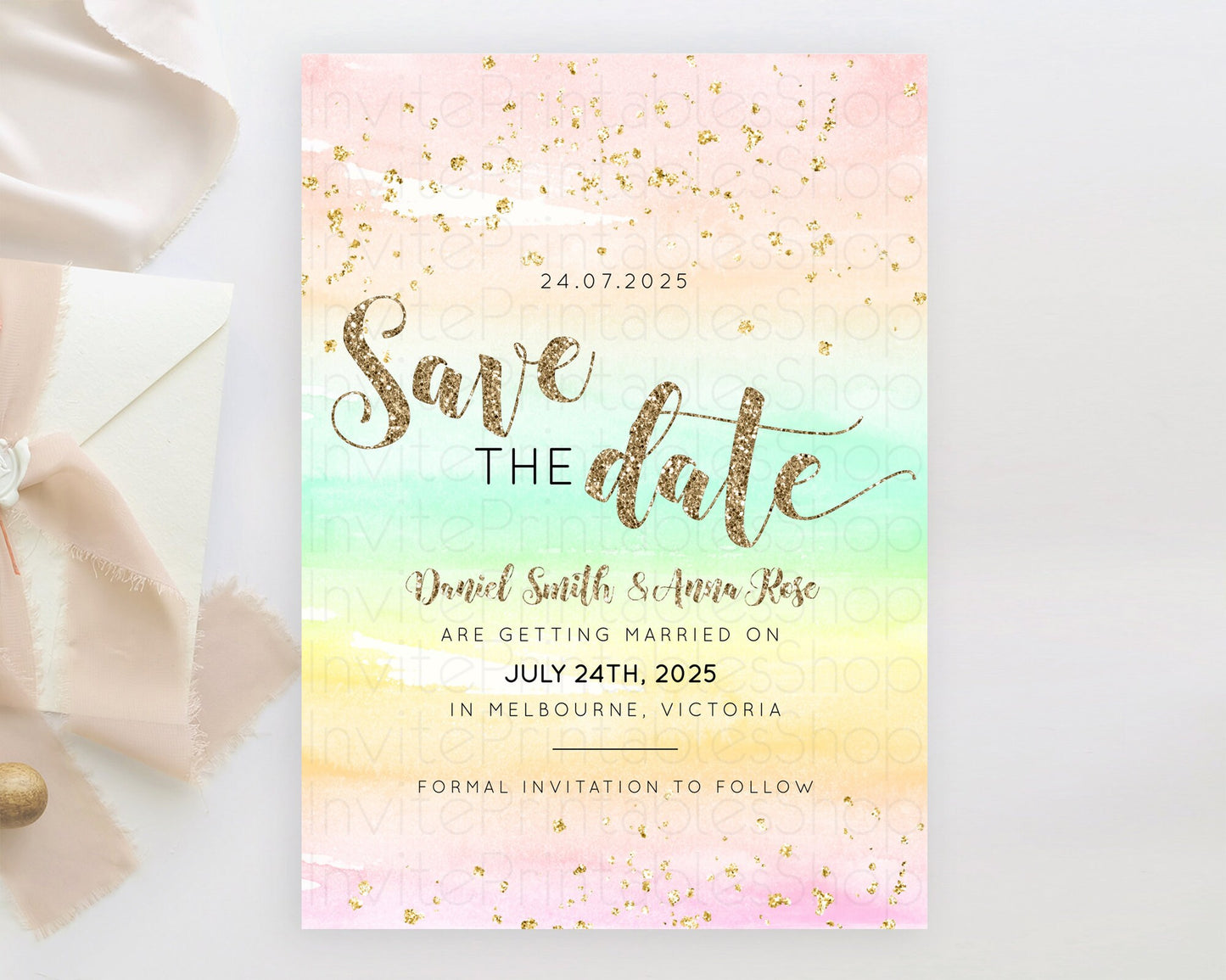 Pastel Save The Date Template Pastel Ombre Rainbow Watercolor Colorful Party For Birthday Baptism Baby Shower Wedding Bridal Shower D10592