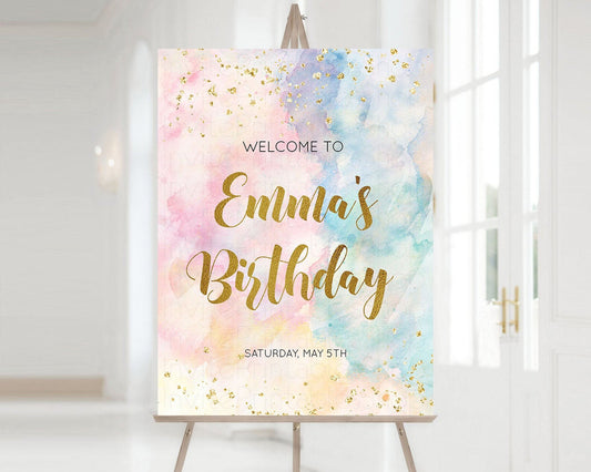 Rainbow Welcome Sign Pastel Watercolor Welcome Board Gold Glitter Foil Colorful Paint Splash Party Entry Sign Poster Birthday 276