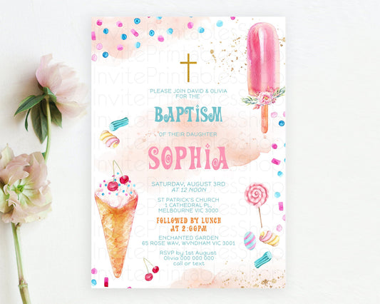 Ice Cream Baptism Invitation Sweet One 1st Birthday Baptism Invitation Pastel Heres The Scoop Christening Invite Two Sweet One Theme D10554