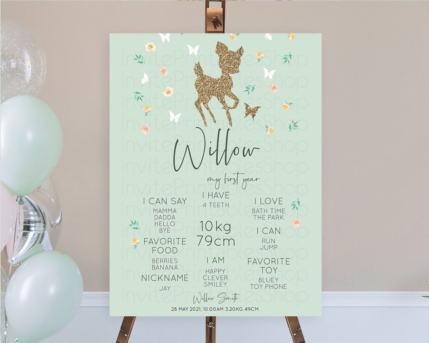 Fawn First Birthday Milestone Board Deer First Birthday Milestone Poster Enchanted Forest Butterfly Pastel Flowers 1st Birthday Sign D10385