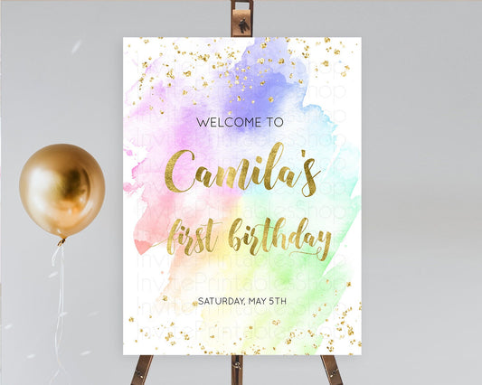 Pastel Welcome Sign Pastel Rainbow Welcome Sign Colorful Rainbow Confetti Watercolor Glitter Pastel First Birthday Welcome Sign D10876