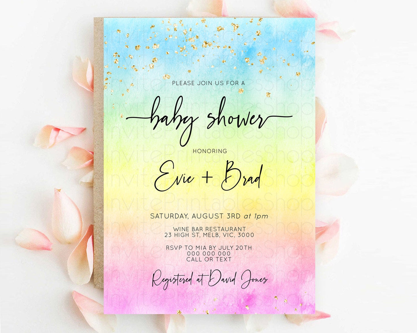 Pastel Baby Shower Invitation Rainbow Baby Shower Invitation Colorful Pastel Watercolor Invitation Gold Glitter Sprinkles Ombre D10480