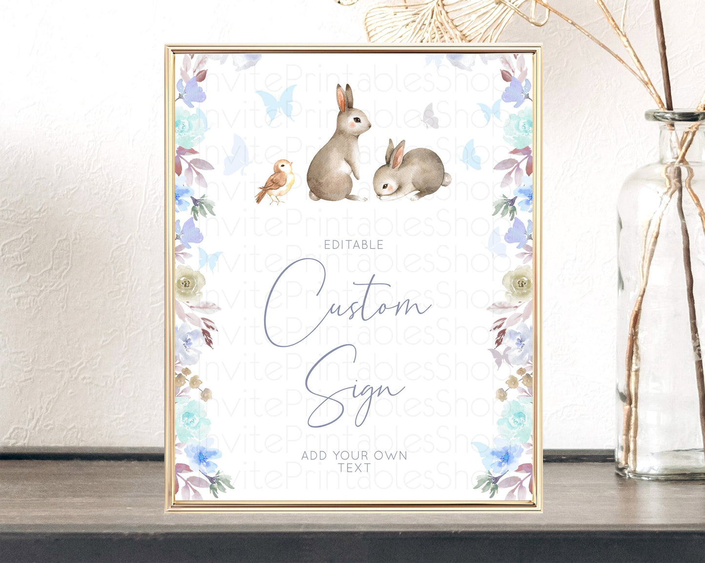 Editable Floral Bunny Sign Pastel Flowers Table Sign Decor Forest Bunny Secr